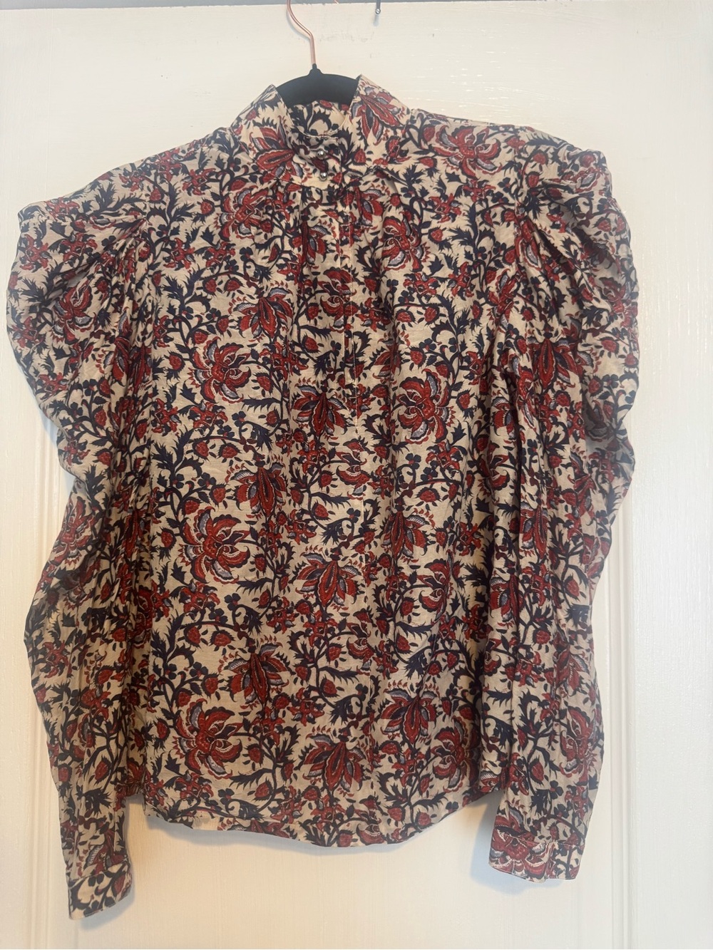 Robert Rodriguez Floral Puff-Sleeve Blouse in Rust, Cream and Black.